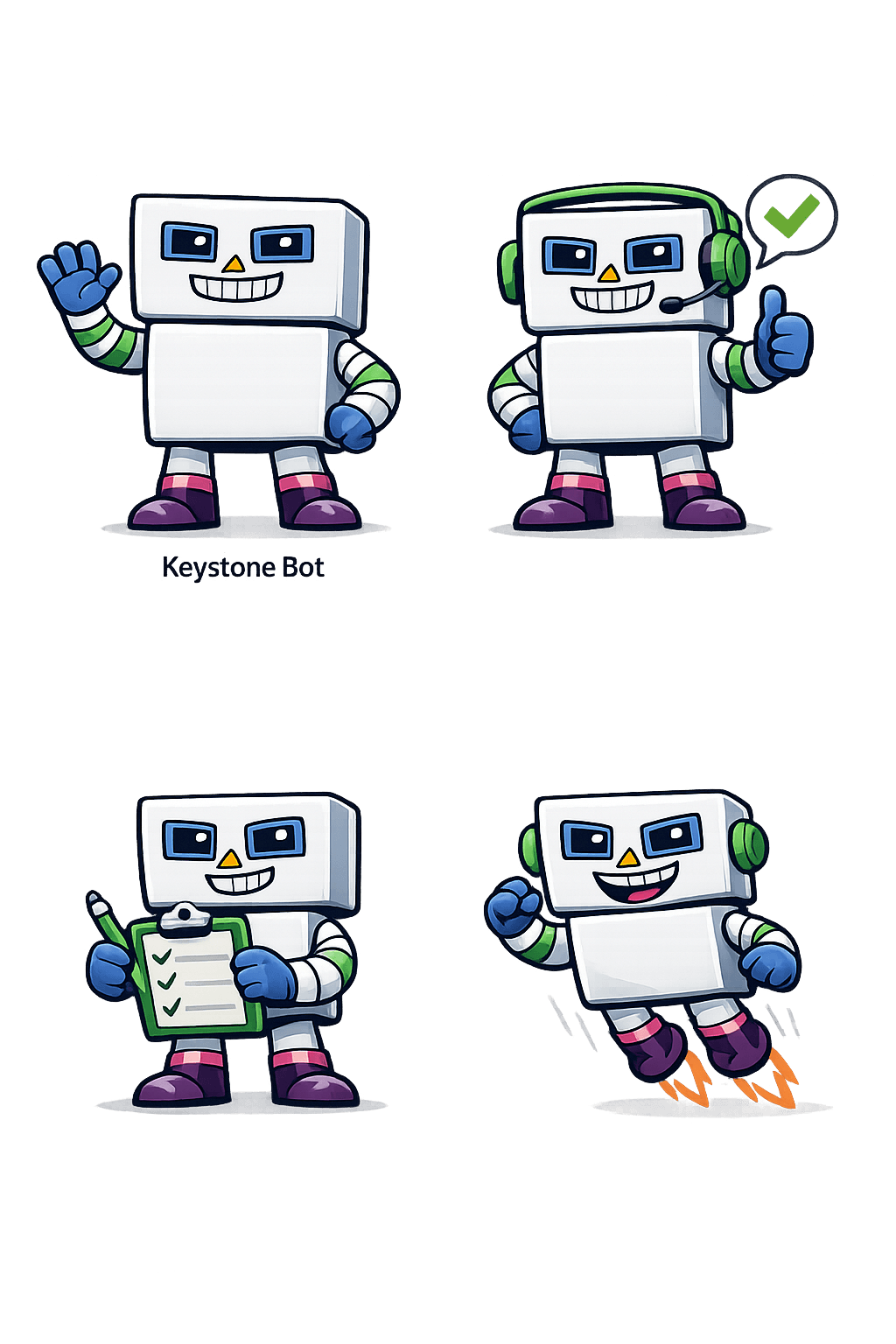 Production-ready AI render of the Keystone Bot in four poses